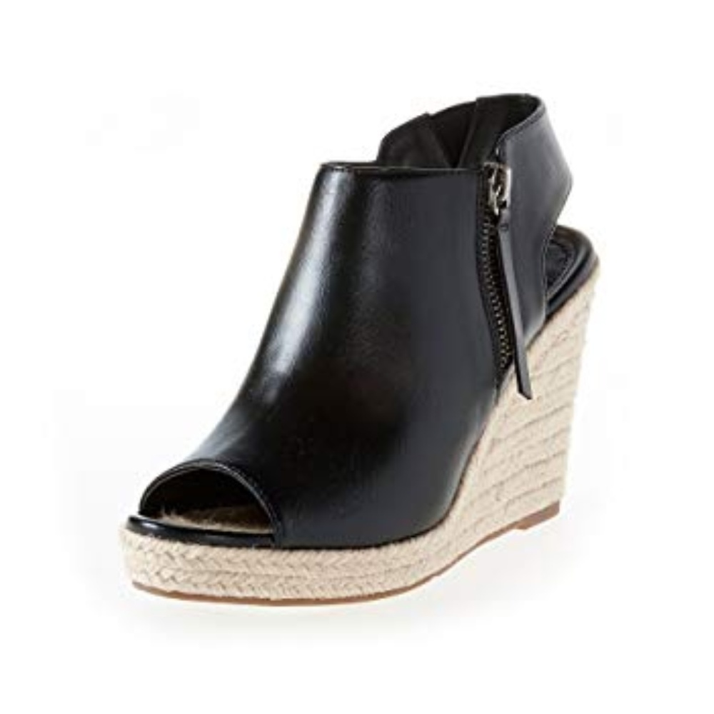 Ruff Hewn Black Peep Toe Espadrille Wedge Sandal